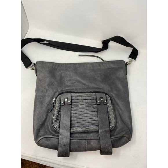 She+Lo Leather Handbag Crossbody Hobo Gray Messenger Urban Edgy Striped Lining - Picture 1 of 11